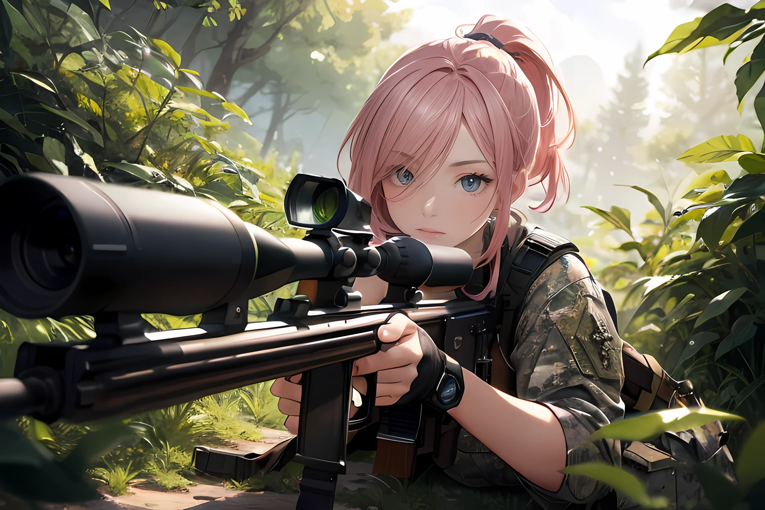 (masterpiece), (best quality cowboy_shot), 1female aiming with a sniper_rifle, long_ponytail pink color hair, hair over one eye, one eye on the rifle_scoop, wearing camo clothes, lying on ground bushes, detailed beautiful eyes, detailed gorgeous face, perfect anatomy, very cute, dynamic pose, perfect shading, dramatic lighting, rendered in 8K resolution for high-quality detail, concept art, smooth, sharp focus, illustration, highly detailed, soft natural volumetric, cinematic perfect light, intricate details, PIXIV, krenzcushart,