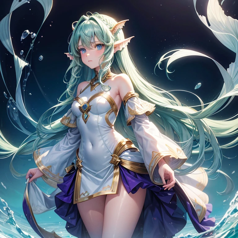 ( detailed face) mermaid Single female with legs. Fish fin ears(Dark green) wavy hair( braided ). Standing up (facing forward). Blue eyes. White purple clothes