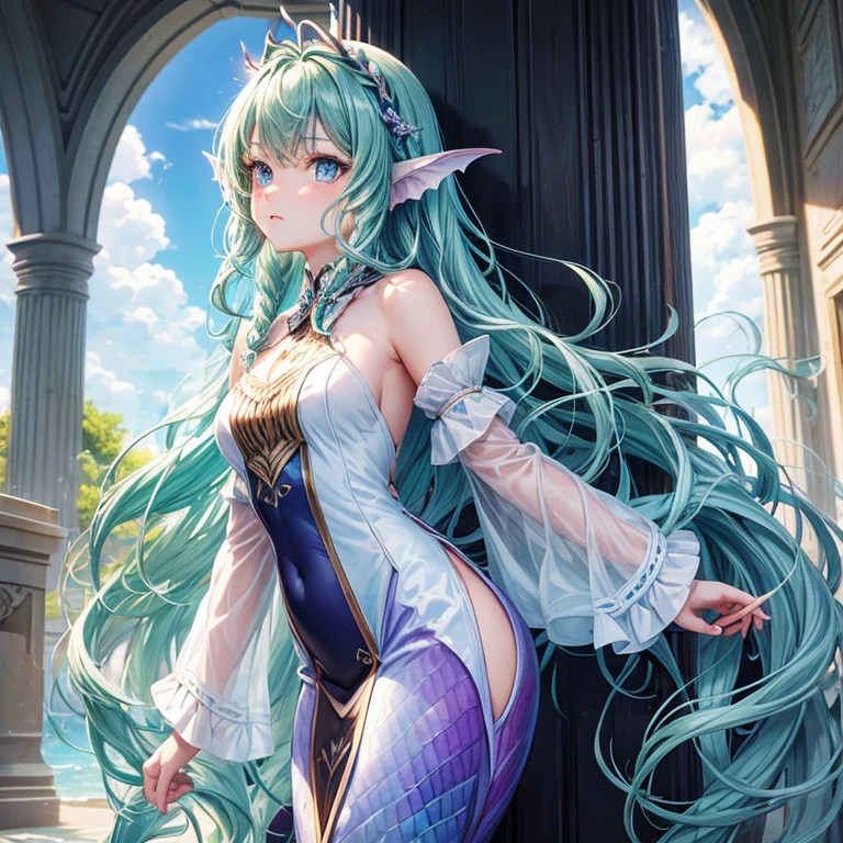 ( detailed face) mermaid Single female with legs. Fish fin ears(Dark green) wavy hair( braided ). Standing up (facing forward).  Blue eyes. White purple clothes