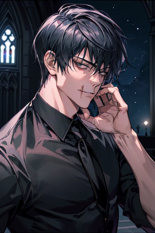 {{top-quality,masterpiece,8k wallpaper}},Ultra-detailed CG Unity,Particle,Cinematographic lighting,((One Man)),a handsome,20-year-old man,((Bust up,Face looking down,low angles,Looking at the camera)),mocking look,close up of face,sharp gaze,((Black eyes,small eyelash hair loss)),short-haired,Black shirt,Dark blue tie,Church at night,stain glass,Silver Wolf,