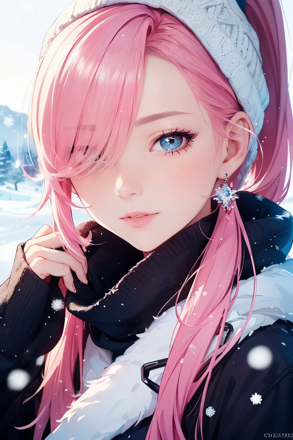 (masterpiece), (best quality), 1female, (long_ponytail pink color hair), (hair over one eye:1.21), wearing winter outfit, snowy scenery, visible snow flakes in the air, detailed beautiful eyes, detailed gorgeous face, perfect anatomy, perfect shading, dramatic lighting, highly detailed, intricate details, wallpaper, PIXIV, krenzcushart, over saturated color,