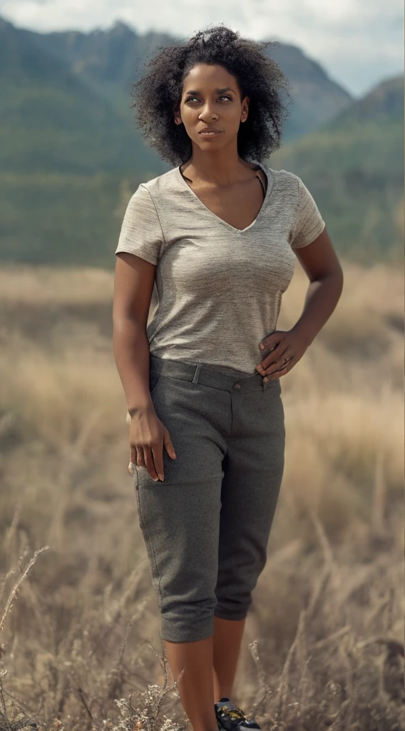 there  a woman that  standing in front of a field, this person does not exist, 40 years old women, a mountain look like a women, rugged  female, mixed-race, french-cuban, entire body visible, neck length black hair