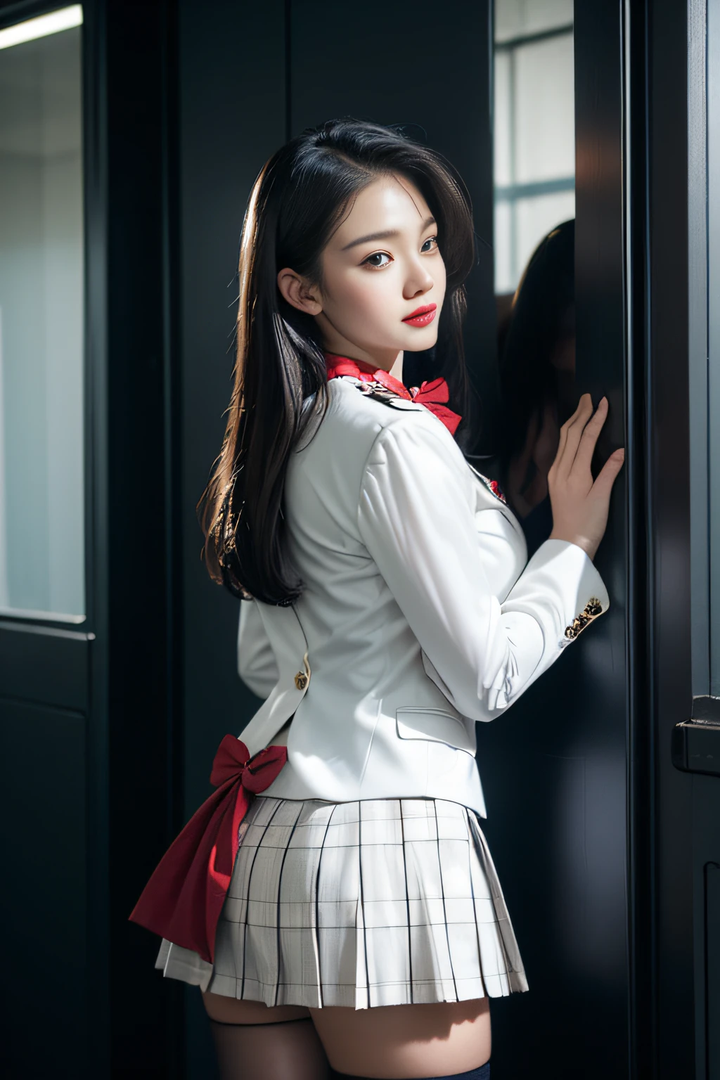 ( Female student standing near the train door),((posterior view))((Looks Back))、Charming eyes,Heartwarming action,Turn your face away from the camera,stooped,Bend over,turn back,Look up at your head,thick and long black hair,Highly detailed body,Highly detailed face,best qualtiy、(P boobs iNK underwear),(High School Girls),((White Blazer、emblem on breasts))、((Translucent blouse)),((red bowtie)),((navy check flare skirt)),(Black stockings)、