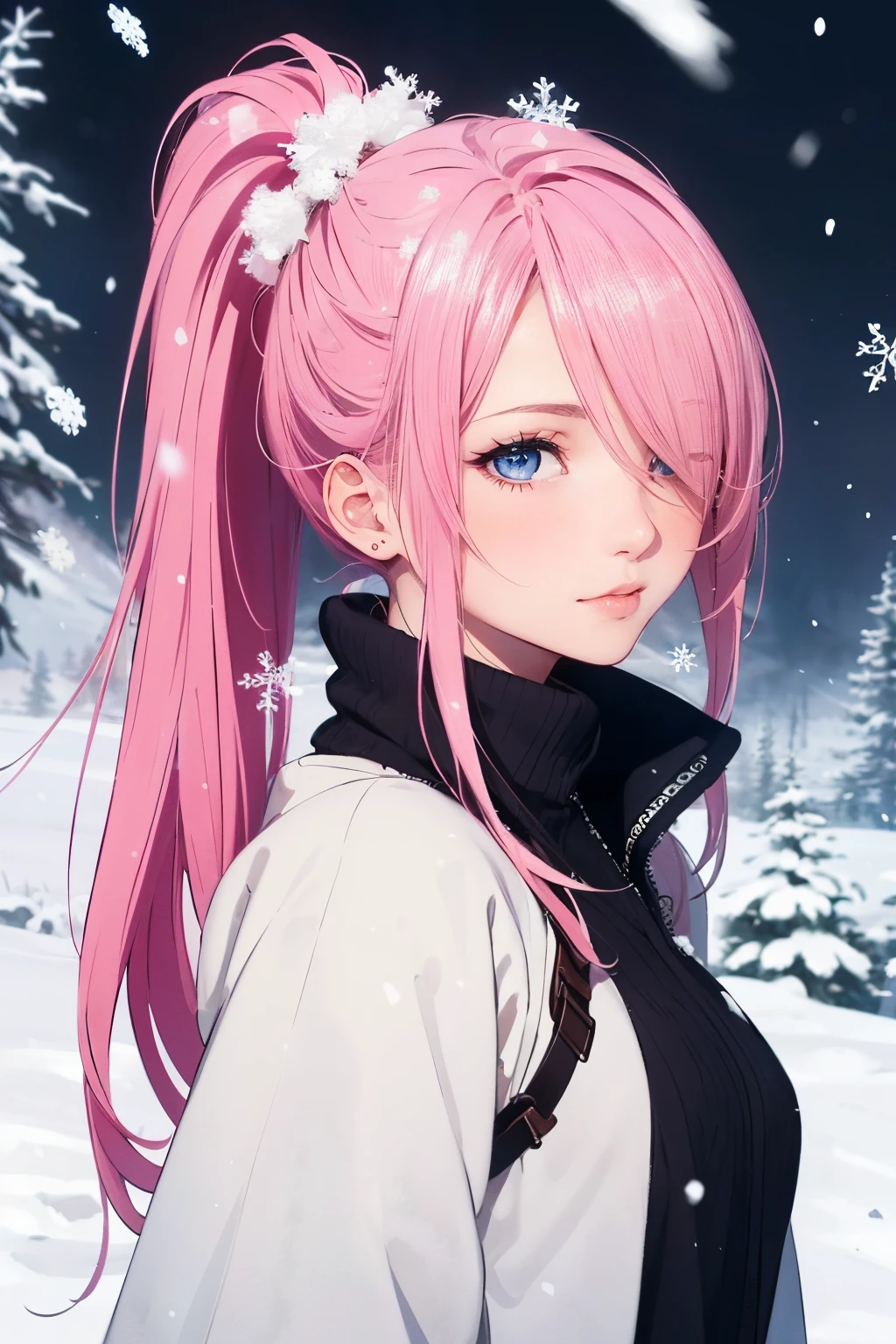 (masterpiece), (best quality), 1female, (long_ponytail pink color hair), (hair over one eye:1.21), wearing winter outfit, snowy scenery, visible snow flakes in the air, detailed beautiful eyes, detailed gorgeous face, perfect anatomy, perfect shading, dramatic lighting, highly detailed, intricate details, wallpaper, PIXIV, krenzcushart, over saturated color,