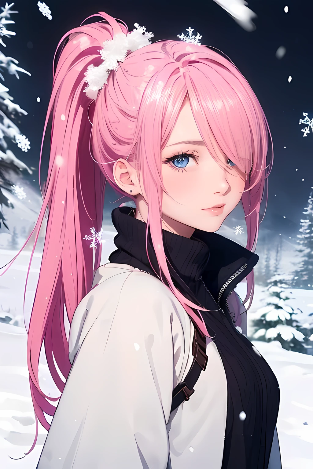 (masterpiece), (best quality), 1female, (long_ponytail pink color hair), (hair over one eye:1.21), wearing winter outfit, snowy scenery, visible snow flakes in the air, detailed beautiful eyes, detailed gorgeous face, perfect anatomy, perfect shading, dramatic lighting, highly detailed, intricate details, wallpaper, PIXIV, krenzcushart, over saturated color,