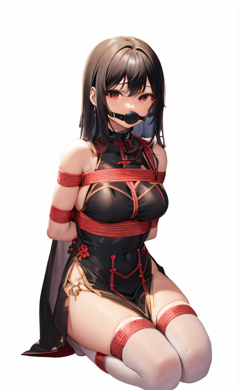 Anime girl wearing black and red clothes sitting on the ground, Ayaka Genshin impact, Translucent fluid flowing from the《Azure route》videogame, azur lane style, biomechanical oppai, ayaka game genshin impact, from the girl, 《Azure route》The character, render of april, Detailed pubic hair. Girl Front, Hanayama Minamata, Anime girls