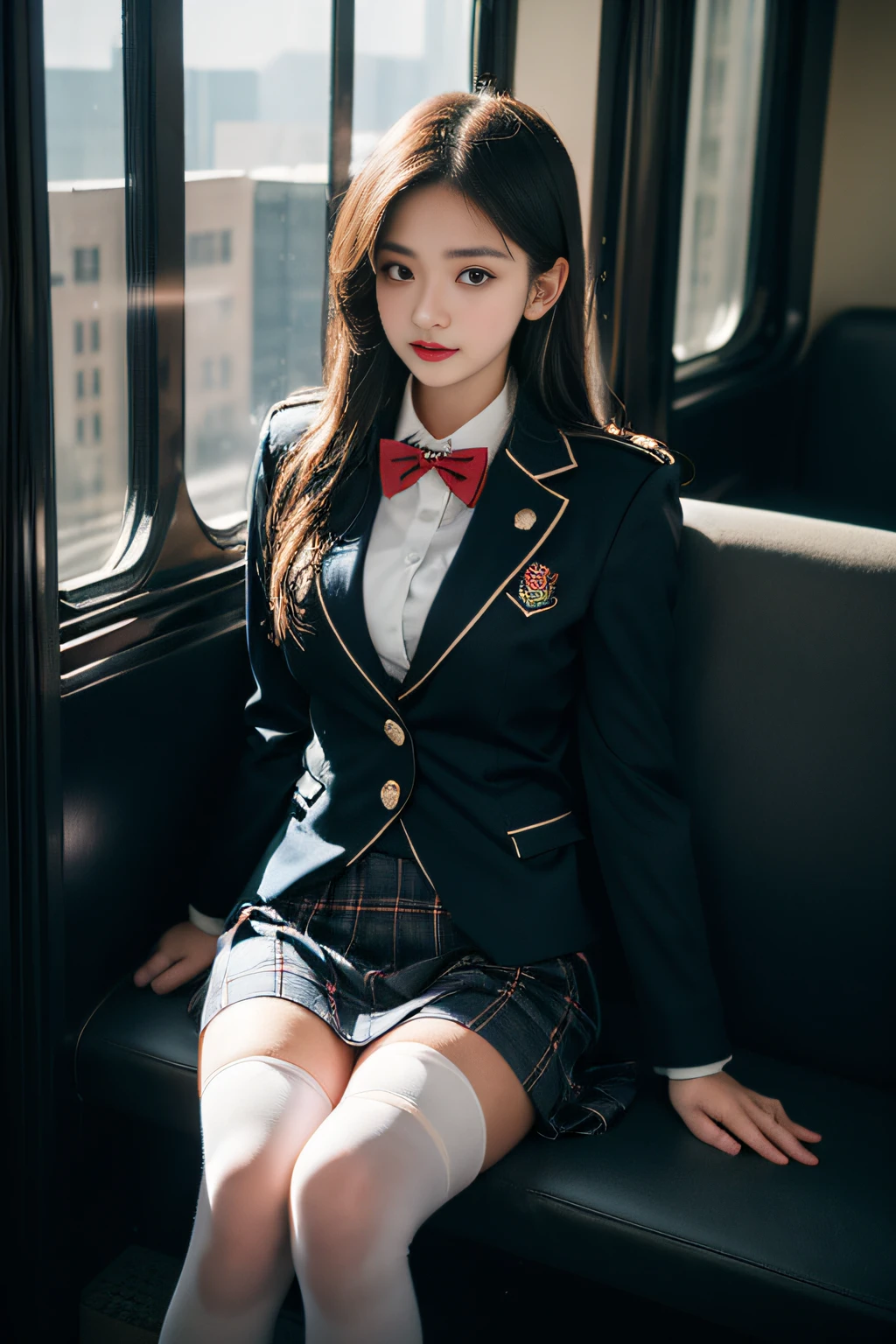 ((Female student sitting on a train seat ))，Charming eyes，Heartwarming action，Turn your face away from the camera，stooped，Bend over，turn back，Look up at your head，thick and long black hair，Highly detailed body，Highly detailed face，best qualtiy、(P boobs iNK underwear),(High School Girls),((White Blazer、emblem on breasts))、((Translucent blouse)),((red bowtie)),((navy check flare skirt)),(Black stockings)、((Outside the window, Hazy skyscrapers))