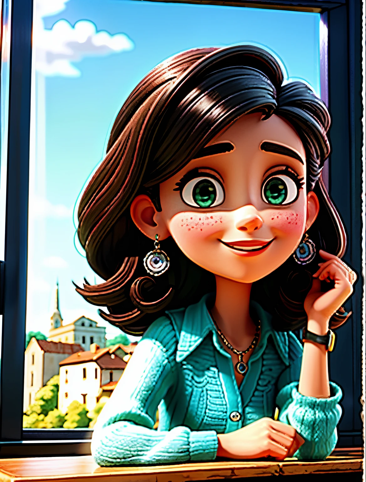 Beautiful French woman sitting and sipping coffee outside the street side in a small café, beautiful face, cabelo preto curto com olhos azuis e sombra pesada, vestindo roupas bonitas e elegantes, grande estilo de moda, looking at you with loving eyes and a soft smile, Background  a European city of the city center, Fundo desfocado, profundidade de campo rasa, Cinematic light, luz suave, retroiluminado, micro-detalhes, fotorrealismo, fotorrealista, cinemactic, 85mm 1.4