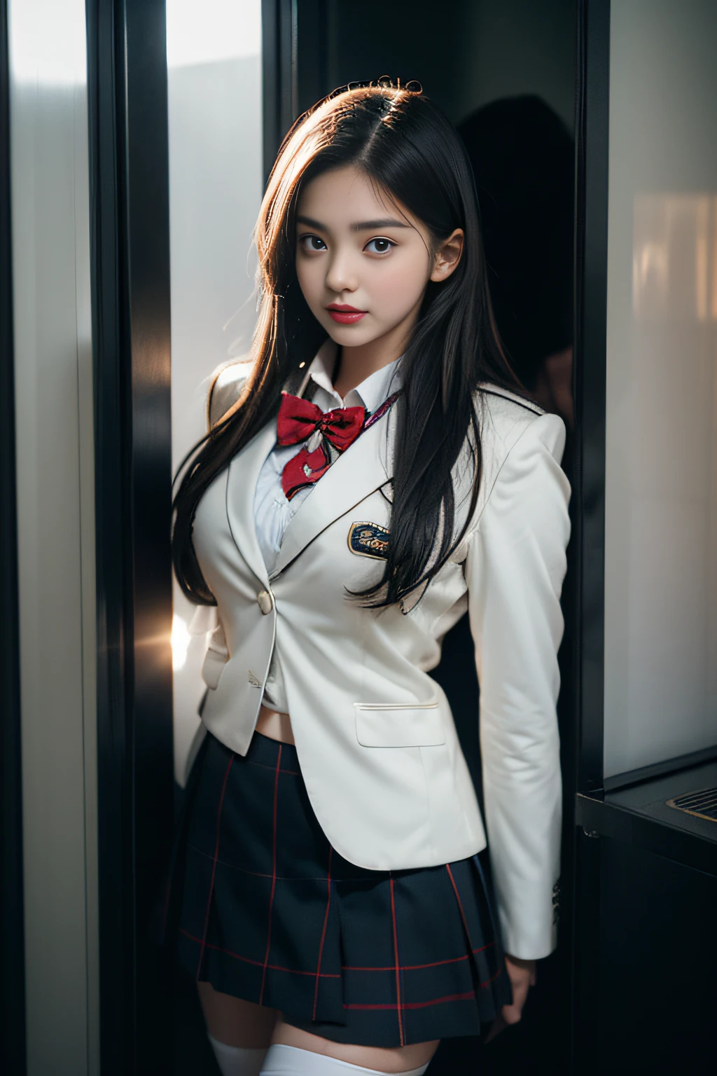 ( Female student standing near the train door),Charming eyes,Heartwarming action,Turn your face away from the camera,stooped,Bend over,turn back,Look up at your head,thick and long black hair,Highly detailed body,Highly detailed face,best qualtiy、(P boobs iNK underwear),(High School Girls),((White Blazer、emblem on breasts))、((Translucent blouse)),((red bowtie)),((navy check flare skirt)),(Black stockings)、