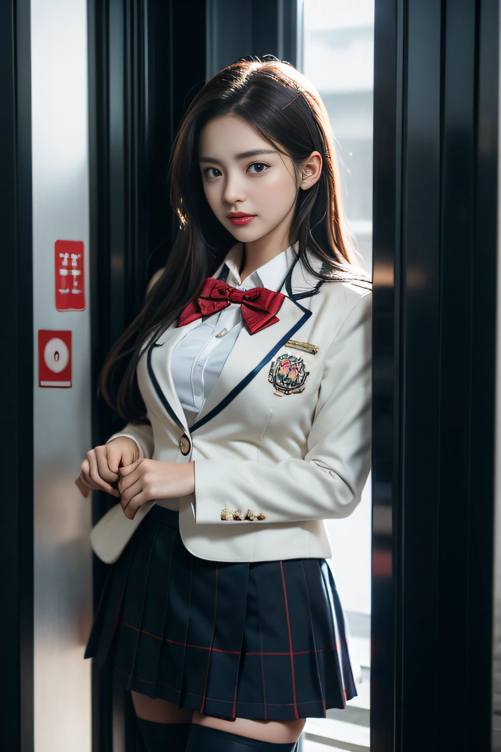 ( Female student standing near the train door),Charming eyes,Heartwarming action,Turn your face away from the camera,stooped,Bend over,turn back,Look up at your head,thick and long black hair,Highly detailed body,Highly detailed face,best qualtiy、(P boobs iNK underwear),(High School Girls),((White Blazer、emblem on breasts))、((Translucent blouse)),((red bowtie)),((navy check flare skirt)),(Black stockings)、