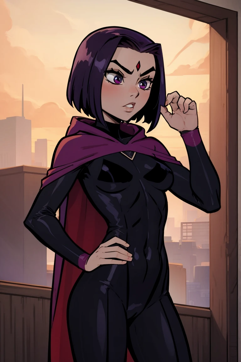 Raven wearing Spidergwen costume, Raven costume, red jewel on forehead, flat chested, hooded bodysuit