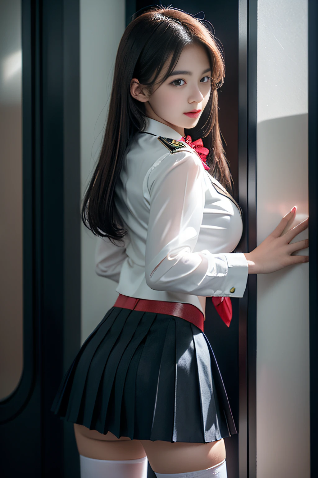 ( Female student standing near the train door)，((posterior view))((Looks Back))、Charming eyes，Heartwarming action，Turn your face away from the camera，stooped，Bend over，turn back，Look up at your head，thick and long black hair，Highly detailed body，Highly detailed face，best qualtiy、(P boobs iNK underwear),(High School Girls),((White Blazer、emblem on breasts))、((Translucent blouse)),((red bowtie)),((navy check flare skirt)),(Black stockings)、