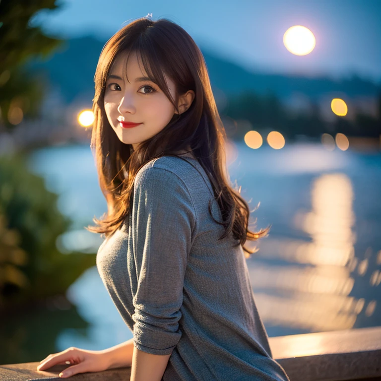 best quality, ultra-detailed, an extremely delicate and beautiful, depth of field, ultra high res, (photorealistic:1.4), 1 milf, long hair, casual wear, cute, lakeside, (night:1.5)