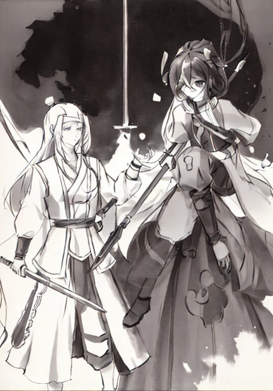 Sketch of two anime characters standing side by side holding swords, Clean anime silhouette, clean linework, line art, Perfect lines, anime sketch, line art,  line art, Bold draft, Anime style painting, inspired by Kawabata Ryūshi, anime drawing, Line, anime in fantasy style, flat anime style shading