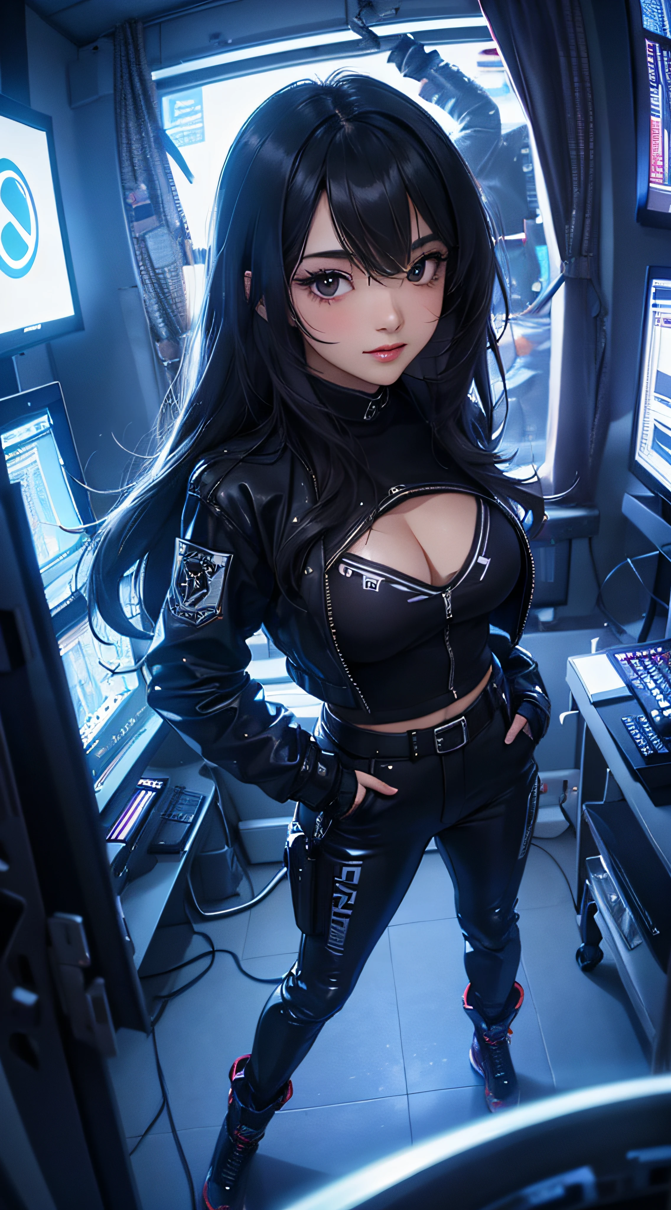 ((8k wallpaper of extremely detailed CG unit, ​masterpiece, hight resolution, top-quality)), (Beautuful Women, Plump lips, Pose like a model with your hands in your pockets:1.8, Grunge Fashion, Put on a jacket:1.2, Wearing leather pants:1.2, Wearing boots:1.1), ((extra detailed face, Highly detailed black eyes, extra detailed body, Top quality real texture skins)), (A dark-haired, hair messy, de pele branca), (building indoors, surrounded by computer equipment, glowing neon), (high-angle:1.2, Fisheye:1.3), hyper realisitic, digitial painting,