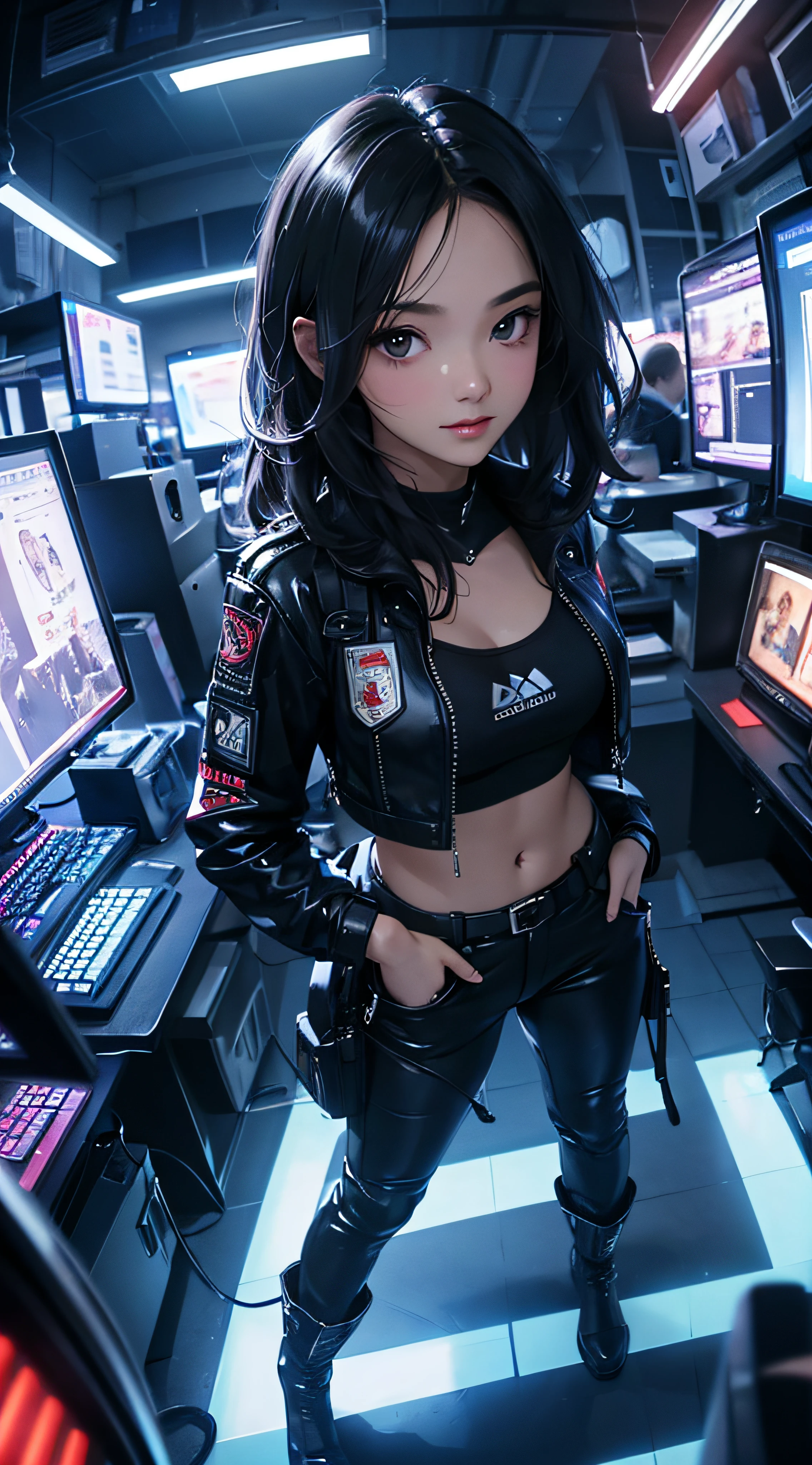 ((8k wallpaper of extremely detailed CG unit, masterpiece, hight resolution, top-quality)), (Beautuful Women, Plump lips, Pose like a model with your hands in your pockets:1.8, Grunge Fashion, Put on a jacket:1.2, Wearing leather pants:1.2, Wearing boots:1.1), ((extra detailed face, Highly detailed black eyes, extra detailed body, Top quality real texture skins)), (A dark-haired, hair messy, de pele branca), (building indoors, surrounded by computer equipment, glowing neon), (high-angle:1.2, Fisheye:1.3), hyper realisitic, digitial painting,