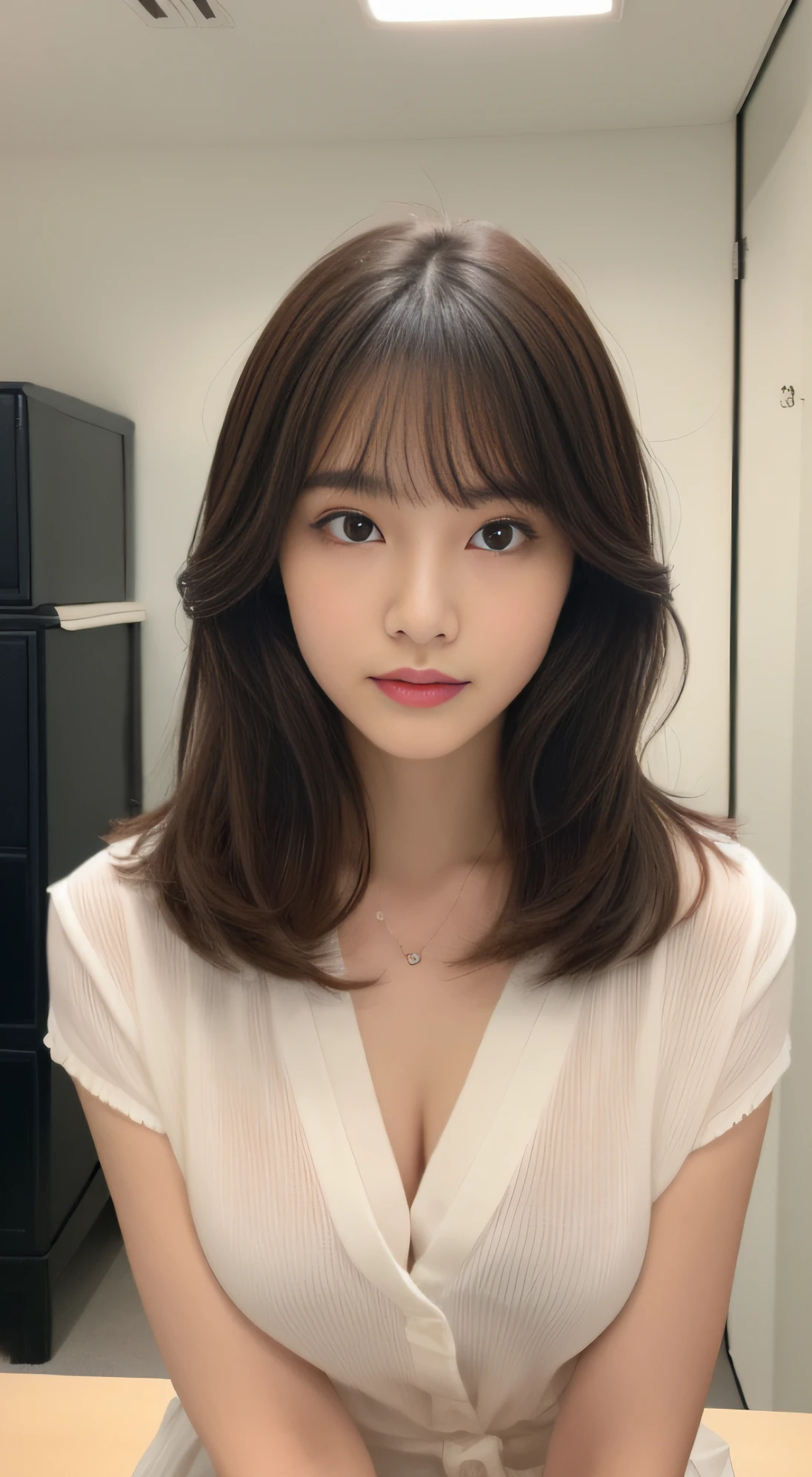 ((8K、Raw photography、top-quality、masterpiece)、(realisitic)、(top-quality)、(Best Shadows)、(The best illustrations)、Young Solo、Chest、Intelligent beauty、Detailed face、perfectly proportions、Raw feet、Sexy Secretary、s Office、、At work、Sexy black suit、solid、、highest texture、goddes、Clear skin、Fashionable hairstyle、Medium Hair、Cool and cute