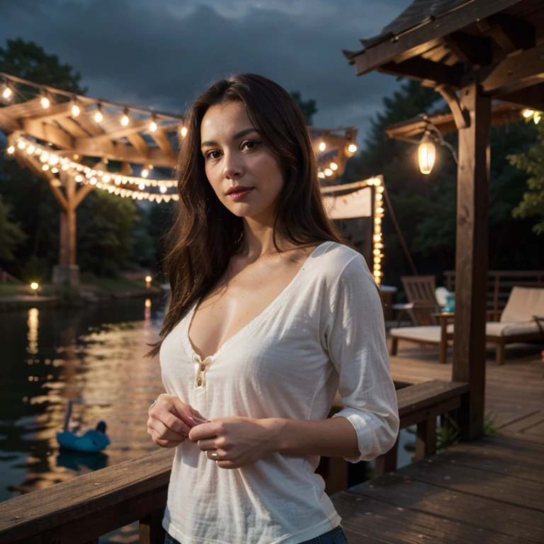 best quality, ultra-detailed, an extremely delicate and beautiful, depth of field, ultra high res, (photorealistic:1.4), 1 milf, long hair, casual wear, cute, lakeside, (night:1.5)
