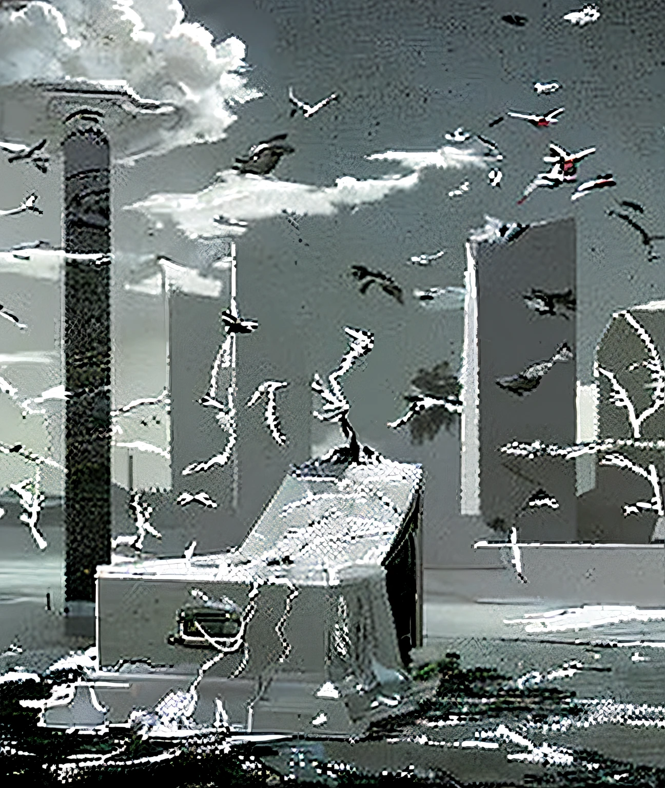 The crow drinks water,フォトリアリスティック,man lying in coffin,Abstract,Fusion,k hd,hyper realisitc,Philosophy,Medieval Timeline,grey skstance, A few scattered people were bent over carrying luggage..,There are floating clouds in the sky