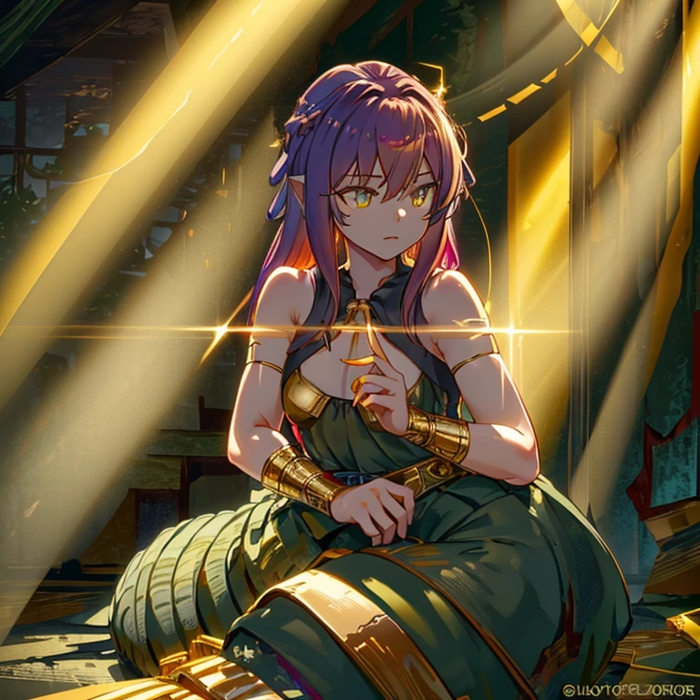 etailed snake skin, ( ), solo focus, (lamia), stoic, monster girl, (short horneautiful eyes, beautiful background, abandoned cabin, forest, light particles, sun rays, dramatic lighting, outside, grass, leaves, shiny (gold, ruby, yellow gradient:1.5), realistic, masterpiece, best quality, ultra-detailed, detailed, scenery, beautiful detailed eyes, detailed blonde hair
