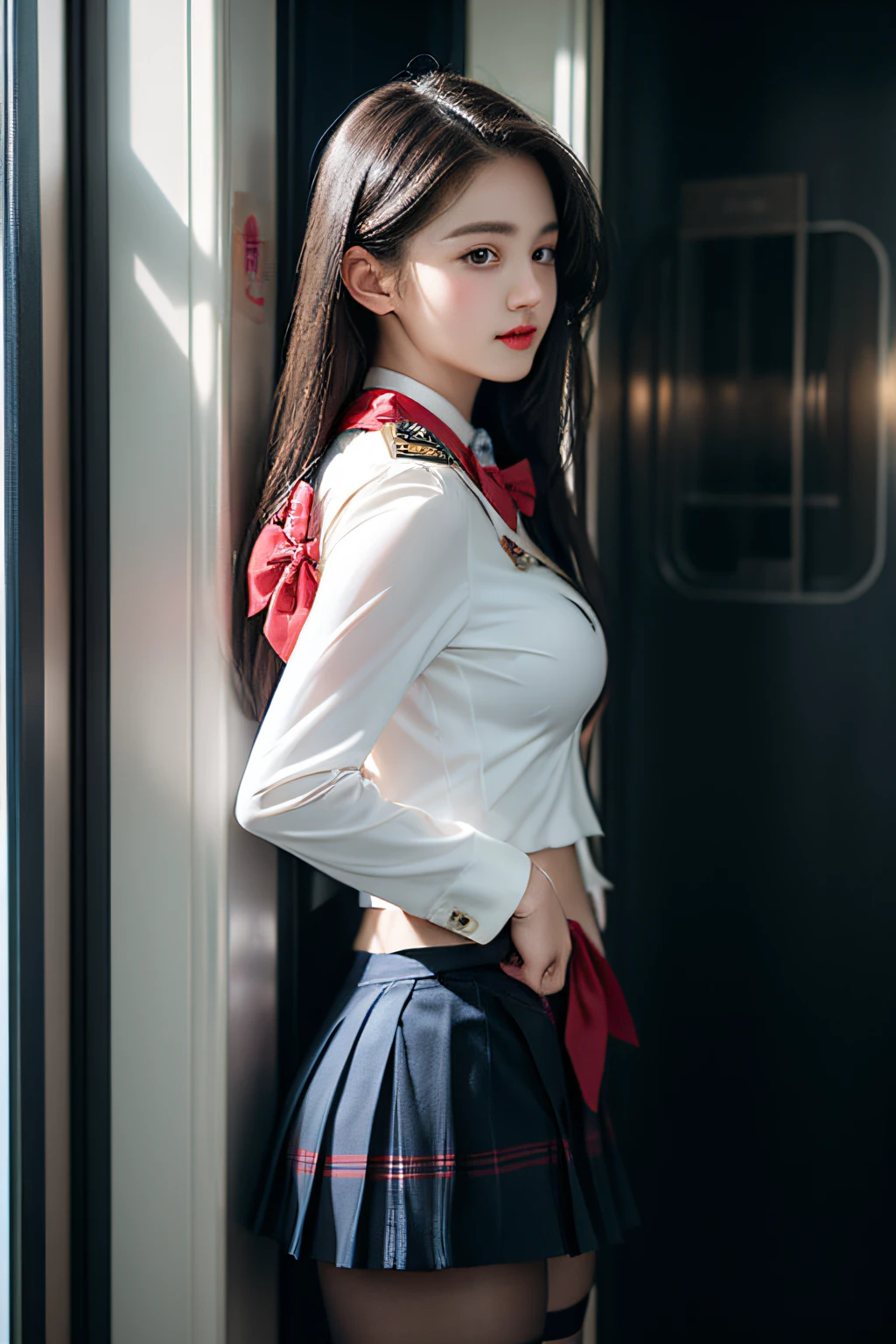 ( Female student standing near the train door)，((posterior view))((Looks Back))、Charming eyes，Heartwarming action，Turn your face away from the camera，stooped，Bend over，turn back，Look up at your head，thick and long black hair，Highly detailed body，Highly detailed face，best qualtiy、(P boobs iNK underwear),(High School Girls),((White Blazer、emblem on breasts))、((Translucent blouse)),((red bowtie)),((navy check flare skirt)),(Black stockings)、