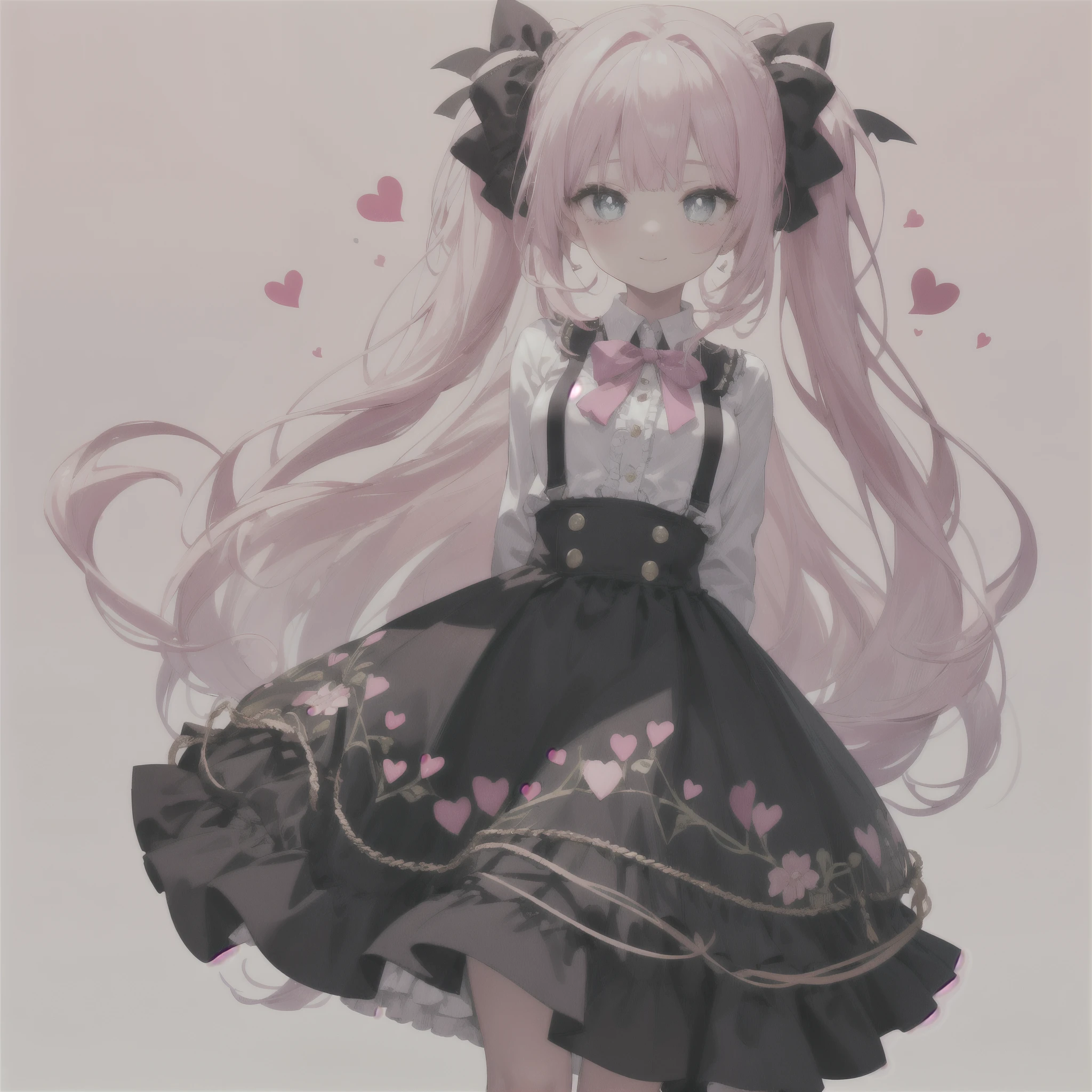 masterpiece, best quality, intricately detailed,
1girl, solo, idol, detailed beautiful face, slim, cute, innocent, kindly, smile, big eyes, blue eyes, heart-shaped_pupils, looking at viewer, detailed long hair, pink hair, bangs, bow, pony tail, hair bow, heart, skirt, shirt, long sleeves, frills, shoes, bowtie, pink shirt, arms behind back, perfect anatomy, full body,
simple background, pink background,