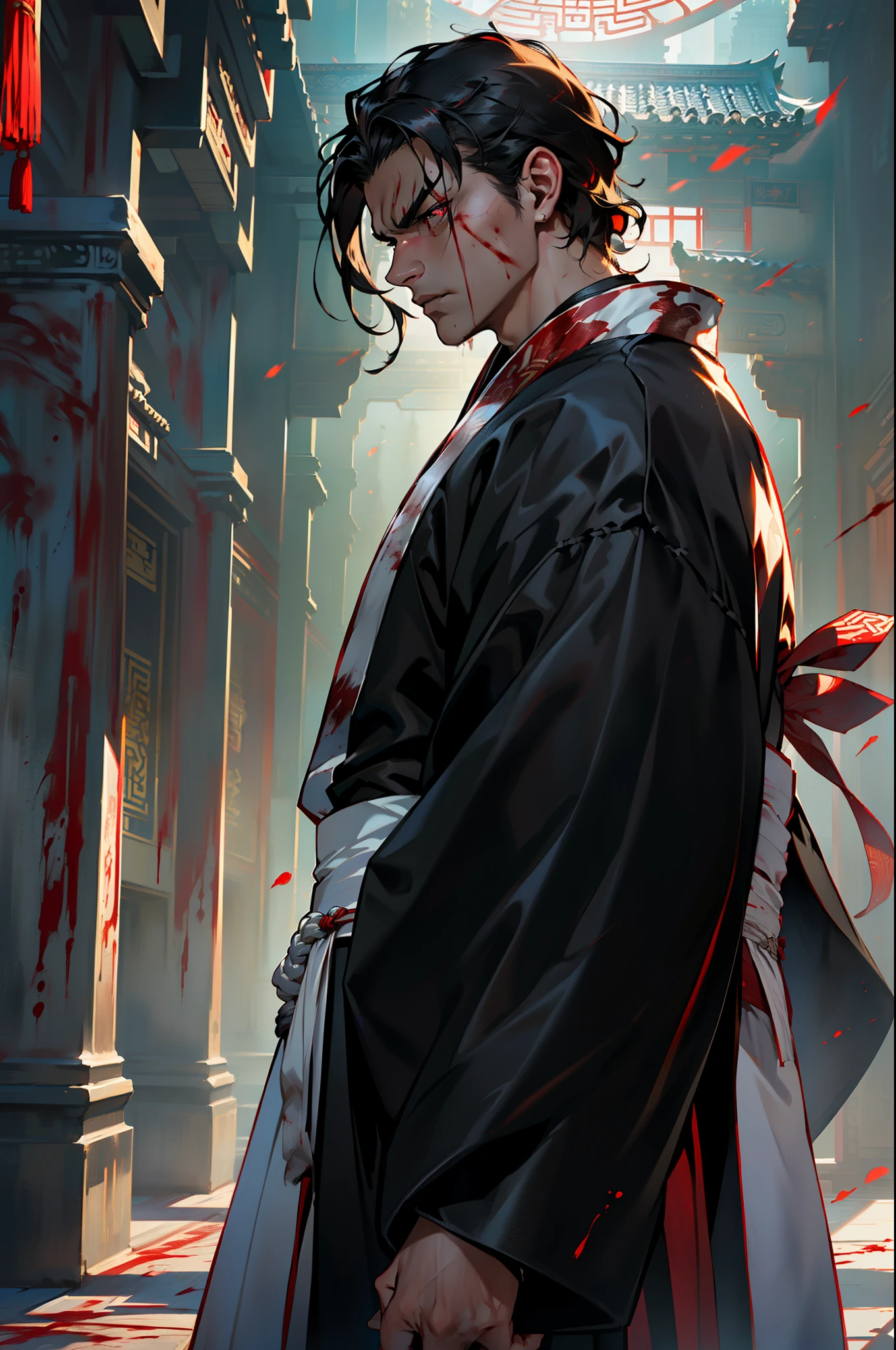 17, (1 persons) (Boy, (((Black coat))), ((Jeunesse Hanfu Noir)), (((A dark-haired))), air royal, magnifica, good looking, Extraordinary temperament, current, Blood red eyes full of anger) (Background: Inside the sacred and beautiful former Chinese imperial palace).