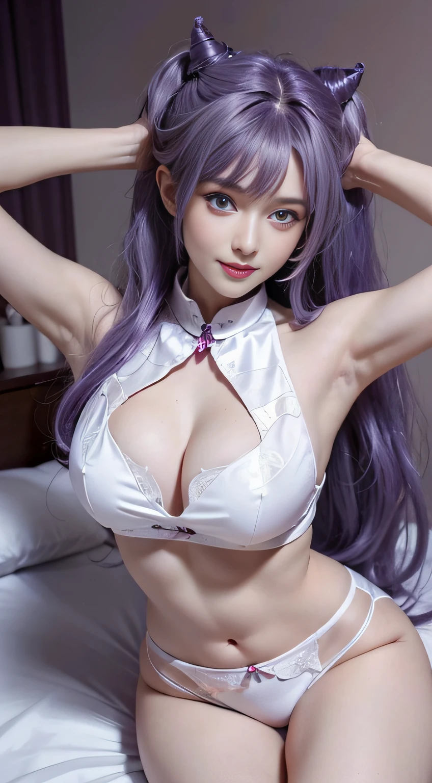 In the bedroom of the hotel，sit on a bed，face flushed，Grinning，BDSM，slaves，rubbery，Wear only white underwear，The whechanically armed abdomen，medium，（（Best quality，8K，tmasterpiece：1.3））），Clear focus：1.2，（Layered pruning，bigger：1.2），Beautiful Women in Perfect Figure：1.4，Slim abs：1.2，Moist body：1.5，Highly Detailed Face and Skin Textur，Delicate purple eyes，二重まぶた，Gorgeous purple hair，double-ponytail
