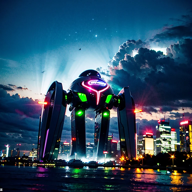 in a distant galaxy, Futuristic cityscape with neon lights, Inhabited by advanced robots and creatures from the planet, Everyone has their own extraordinary abilities--ar 3:4