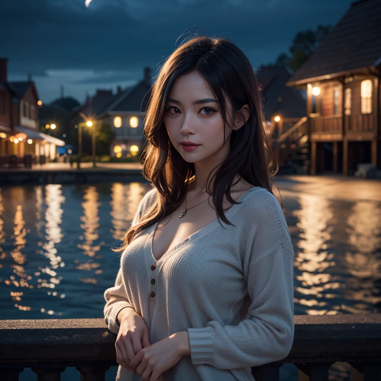 best quality, ultra-detailed, an extremely delicate and beautiful, depth of field, ultra high res, (photorealistic:1.4), 1 milf, long hair, casual wear, cute, lakeside, (night:1.5)
