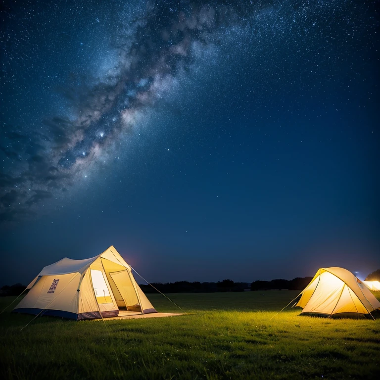 under the starry night sky，There  an open grassland there，A tent was set up on the grassland