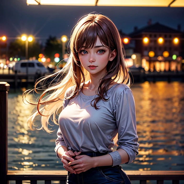 best quality, ultra-detailed, an extremely delicate and beautiful, depth of field, ultra high res, (photorealistic:1.4), 1 milf, long hair, casual wear, cute, lakeside, (night:1.5)