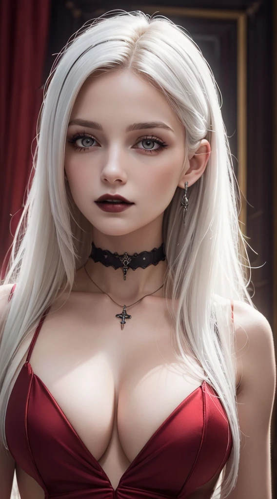 1 vampire girl, 22 years old vampire girl; white side-swept hairstyle, flowing down, ear-tucked. downturned eyes, wearing a red gothic-inspired tight gown, black gothic inspired chocker, sleeveless, long gloveasterpiece, best quality, photorealistic, highres, photography, :1.3), very close-up shot, sharp focus, 1 (white-haired) girl, European girl, hot model, Red evil eyes, realistic skin, slim body shape, cleavage, extremely detailed hair, delicate sexy face, gaze, shiny lips. big gothic choker necklace, ((elegant gothic-inspired elegant gown that features red colors)), indoor, royal, ((realistic, super realistic, realism, realistic detail))