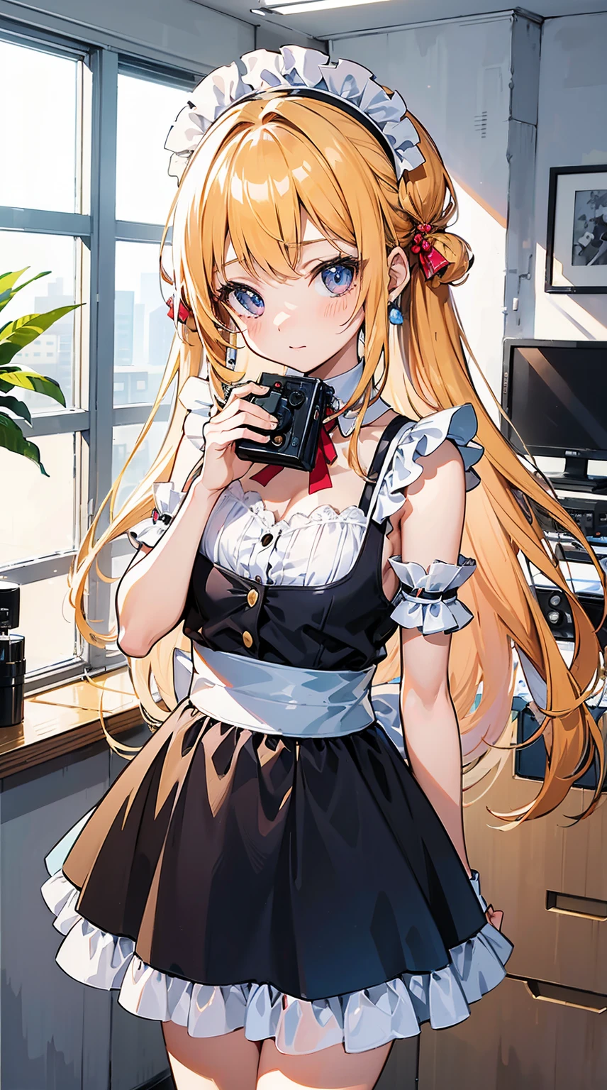 (Anime girl), ((manga style)), maid costume, ((handing camera a gift box)), she is embarresed, she is flustered, good illustration, office setting, window background, reflections, nylon