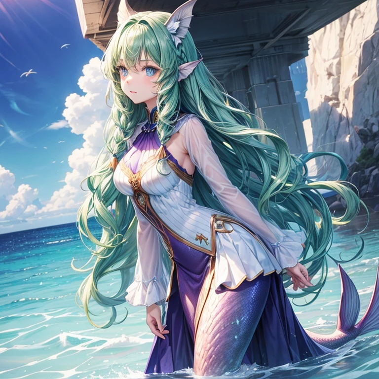 ( detailed face) mermaid Single female with legs. Fish fin ears(Dark green) wavy hair( braided ). Standing up (facing forward). Blue eyes. White purple clothes