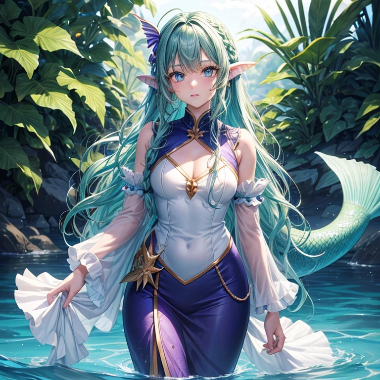 ( detailed face) mermaid Single female with legs. Fish fin ears(Dark green) wavy hair( braided ). Standing up (facing forward).  Blue eyes. White purple clothes