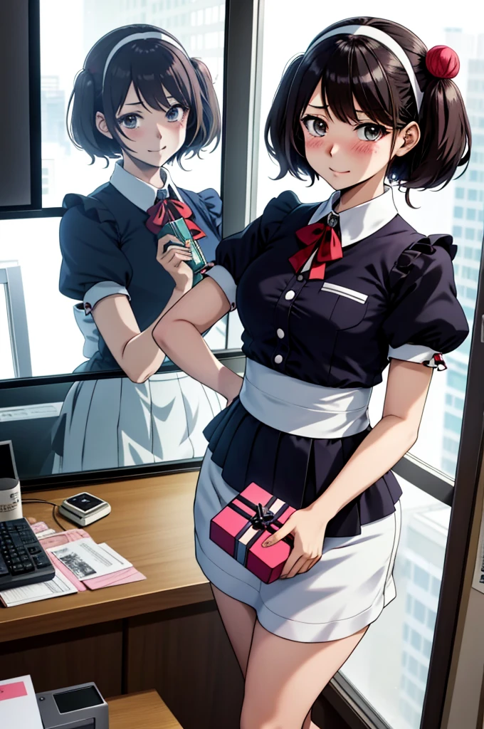 (Anime girl), ((manga style)), maid costume, ((handing camera a gift box)), she is embarresed, she is flustered, good illustration, office setting, window background, reflections, nylon
