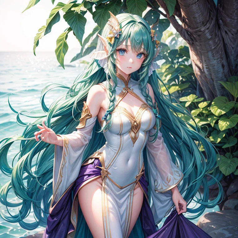 ( detailed face) mermaid Single female with legs. Fish fin ears(Dark green) wavy hair( braided ). Standing up (facing forward). Blue eyes. White purple clothes. Shell hair ornaments