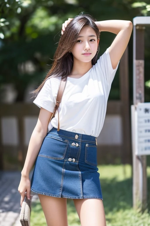 An ultra-high picture quality、Perfect Photo、 beautiful girl、Japan beautiful girl、Female college student、light skinned、slender、Beautuful Women、(((The shirt)),((Denim Mini Skirt))、Raised mini skirt、(((Crouch down)))、