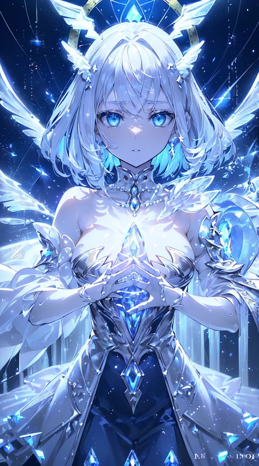 (((masterpiece))), (((highest quality))), ((ultra-detailed)), ((super fine illustration)), ((ultra-fine painting)), (upper body:1.2), (Highly detailed and delicate illustration style:1.8), detailed skin texture, detailed metal texture, detailed cloth texture, extreme detailed description, (T-masterpiece), (highly detailed face:1.2), (highly detailed fingers:1.2), original, raw photo, professional, Intricate details, super details, intricate ornament details, (perfect anatomy:1.2), (perfect fingers:1.2), (sexy), (sexy), real, (Solo), ((A very beautiful and intelligent mechanized angel woman who is the head court mage)) BRAKE Beautifully shaped small breasts, Beautifully shaped small buttocks, (Very detailed and delicate beautiful shiny silver hair that shines in rainbow colors, colorful hair:1.2), (Beautiful clear blue eyes that shine with great detail and delicate:1.2), (beautiful hands and fingertips:1.2) BRAKE ((sophisticated mechanism:1.4))Smooth and menacing design, (Highly detailed large pearl white Sleek symmetrical mechanical angle wings:1.4), ((A highly detailed and delicate ice and thunder magic divine mechanical armor dress that shines in sapphire blue and pearl white exclusively for the head court mage:1.3)), (Symmetrical Wings:1.6) BRAKE concept-art, Detailed science magic fantasy art, (Battle Pose), (chanting a spell:1.2), ((Highly detailed and cool Attack Magic Casting Pose)) BRAKE (Highly detailed and delicate magic circle:1.4), (Highly detailed and delicate starry sky:1.2), (Highly detailed and delicate Crystal of snow and lightning background:1.3), other world, No robot, (Geometric patterns, vivid color background:1.5), (colorful confetti:1.15), (8K highest quality wallpaper:1.4), (Highly detailed and delicate background:1.2) BRAKE (NSFW) BREAK