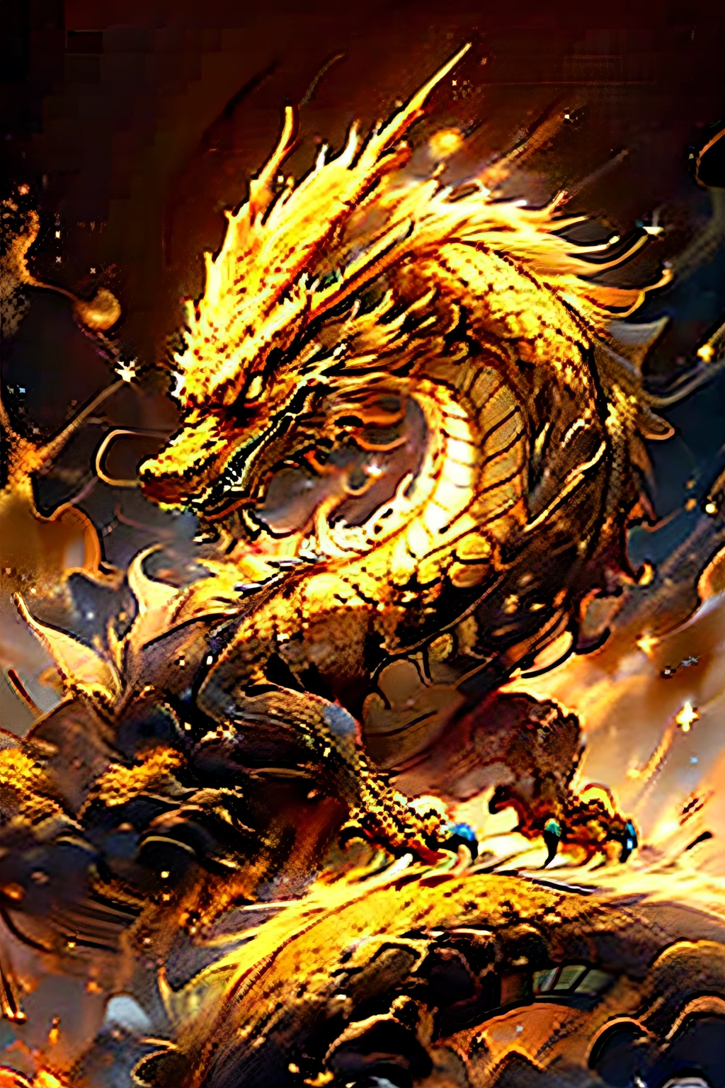 (8K, Best quality, tmasterpiece: 1.5), Business poster background art shape composed of golden inflatable gold, pure gold, extreme hight detail: 1.5), epic gold, blingbling, drank, golden theme, Layered composition, (With oriental dragon as background, drank, Hiryu: 1.5), Dragon full of energy and vitality, Realisticstyle, Surrounding layout, exaggeration, book review, virtual comparison, Color contrast,Dynamic comparison. dynamic, depth of fields, Great visual impact, winning artwork