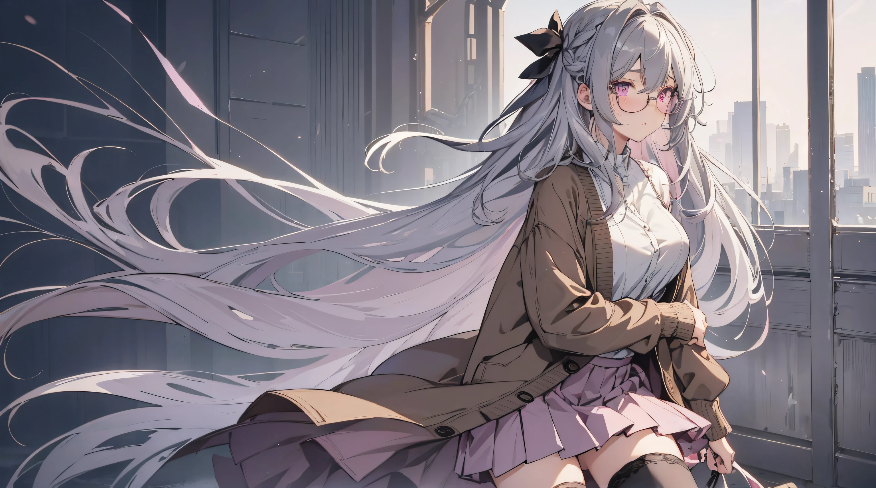 Best quality at best, tmasterpiece, Alone, 1 girl, with gray hair , grey gradient hair, Striped hair, Very long hair, a pink eyes, Large breasts, Jie Kang, Brown cardigan , The shirt, pleatedskirt, Raise your legs, Half-rimmed glasses, An extremely delicate and beautiful girl, Extremely Delicately Beautiful, 美丽细致的眼睛, Fetal position