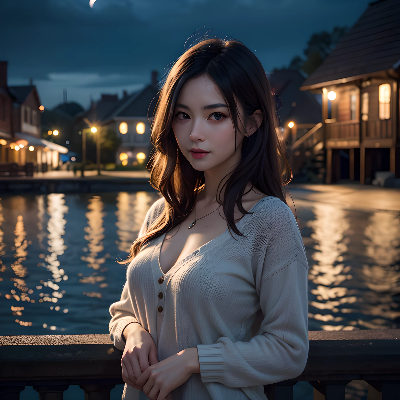 best quality, ultra-detailed, an extremely delicate and beautiful, depth of field, ultra high res, (photorealistic:1.4), 1 milf, long hair, casual wear, cute, lakeside, (night:1.5)