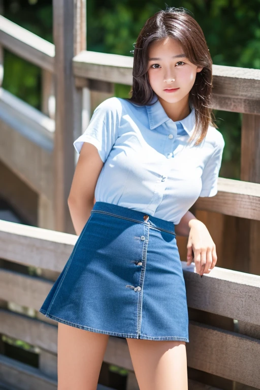 An ultra-high picture quality、Perfect Photo、16-year-old beautiful girl、Japan beautiful girl、Female college student、light skinned、slender、Beautuful Women、(((The shirt)),((Denim Mini Skirt))、Raised mini skirt、(((Crouch down)))、