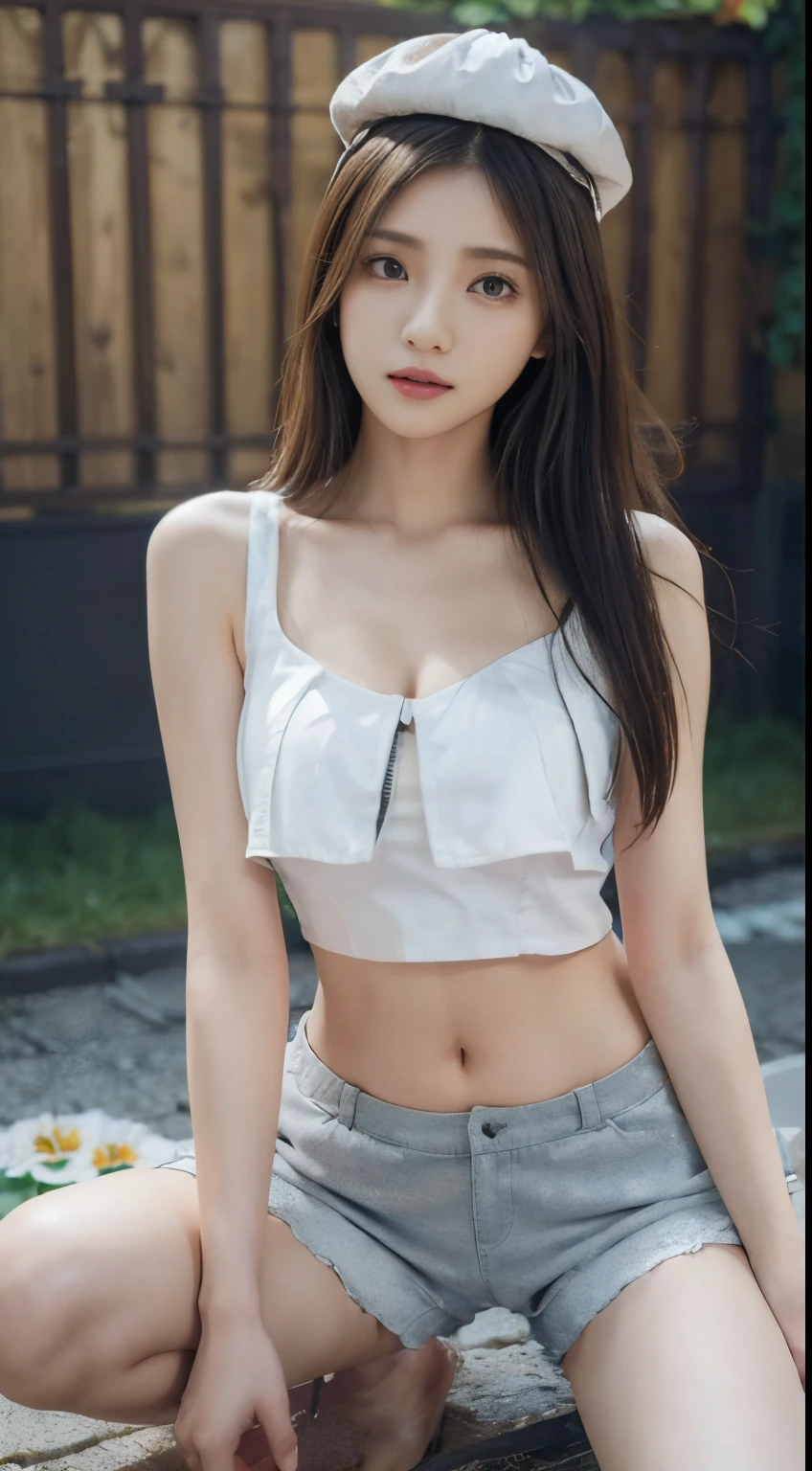 ((Best Quality, 8K, Masterpiece: 1.3)), (Flower Cap: 1.3), Focus: 1.2, Perfect Body Beauty: 1.4, Buttocks: 1.2, (Layered Haircut: 1.2)), (Dark Street: 1.3), Highly detailed face and skin texture, Full body, Fine eyes, Double eyelids, Whitened skin, Long hair, (Round face: 1.5), (Loose crop top, Shorts: 1.6) cleavage protruding pleated skirt Big breasts leaking long legs