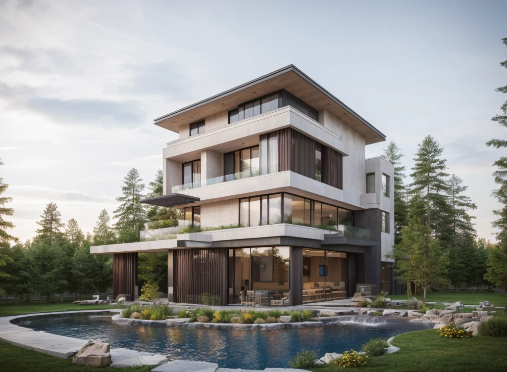 (masterpiece),(high quality), best quality, authentic,(realistic), super detailed, (full details),(4k),8k,modern house exterior design, Modern architecture, beautiful sky, daylight, people, outdoor, sky, trees, wooden slats, fresh colors, fence gate in front of the building,