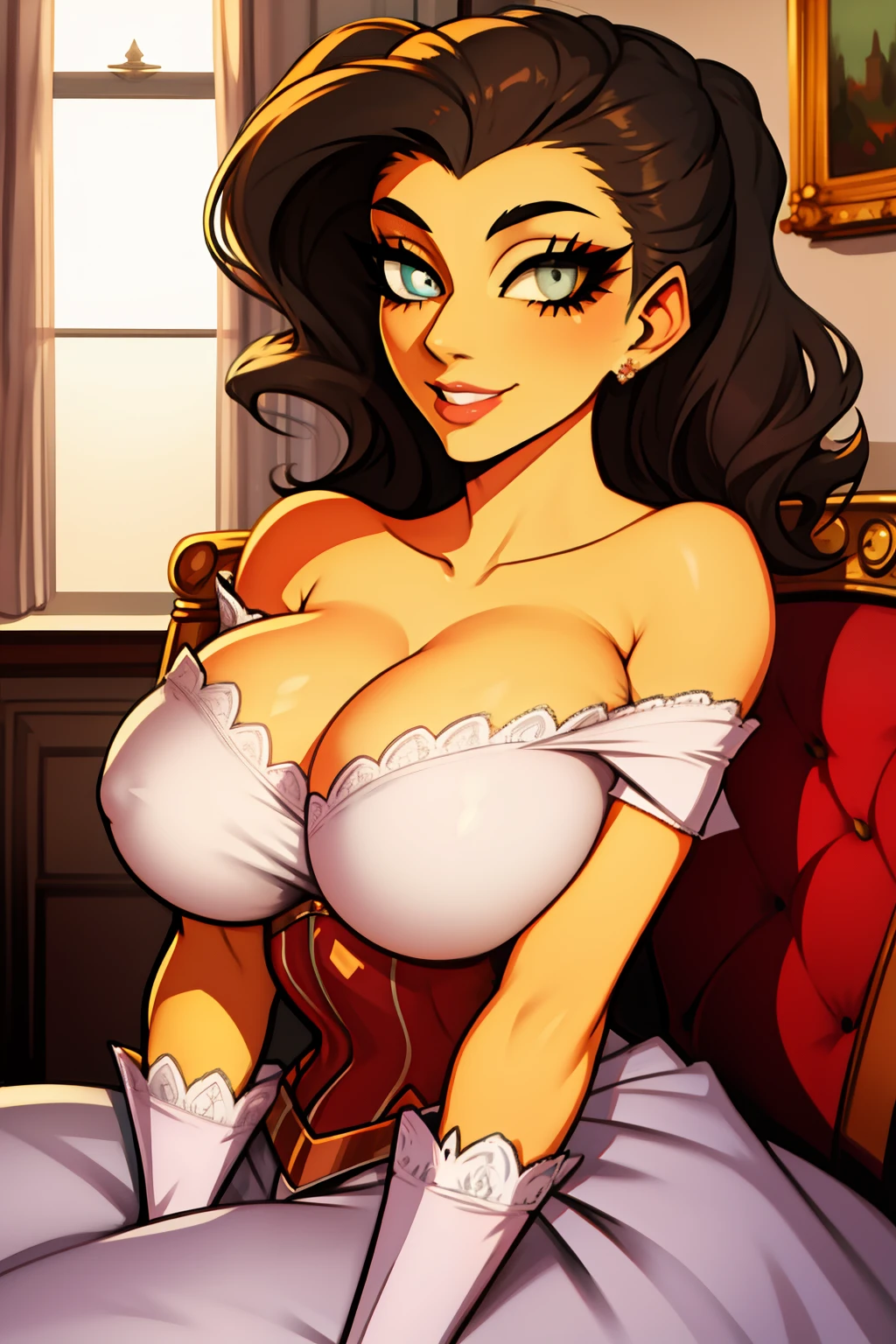 (masterpiece, ultra high res, best quality, beautiful detailed hair detailed face, perfect feminine face, photorealistic), impressionism, oil on canvas, oil painting, victorian era woman with huge boobs and big breasts posing in a room, seductive woman,safe for work, teasing smile, england british dress, puffy sleeves, oppai, seductive woman portrait, touching her clothes,