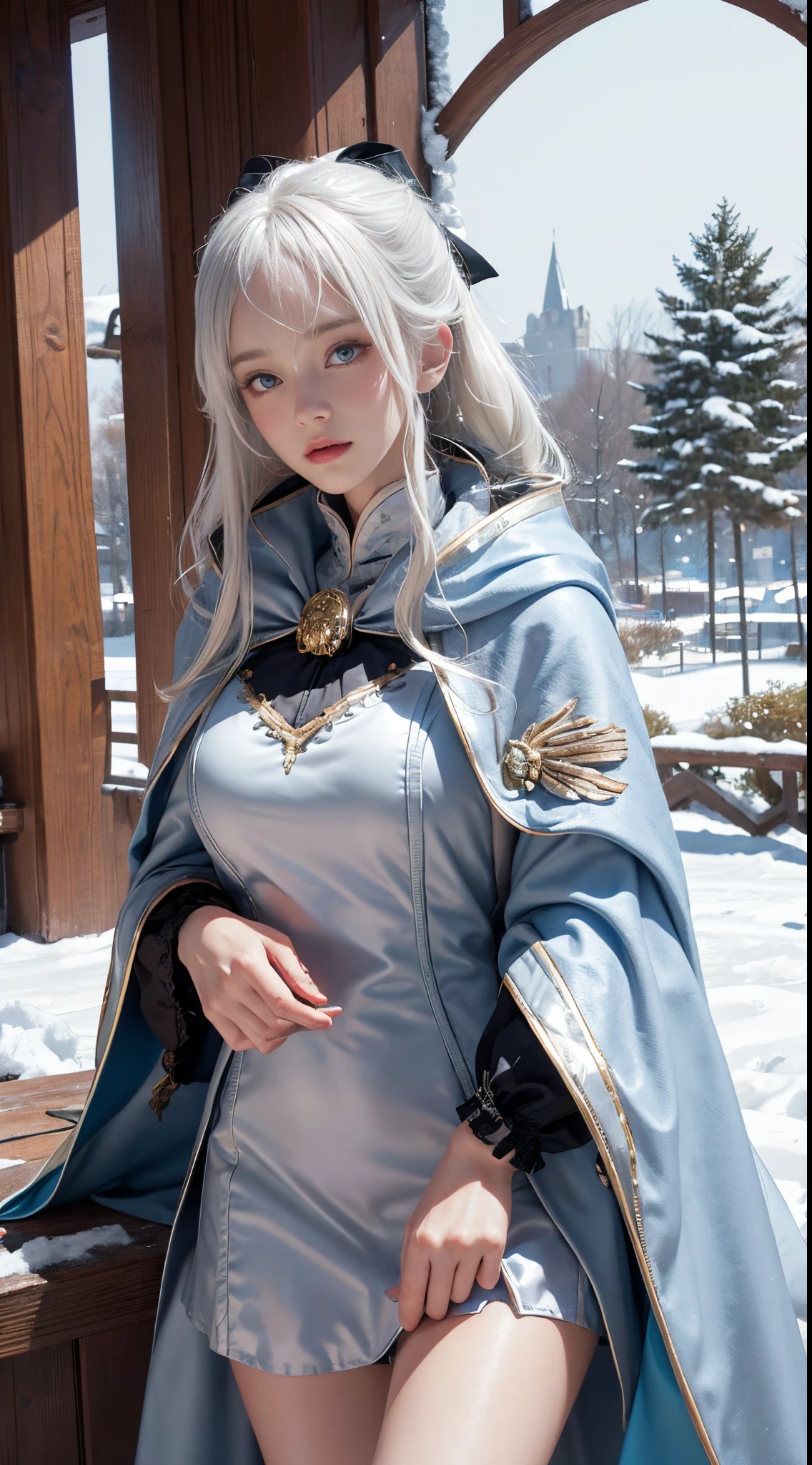 (8K)，realistically, A high resolution, 1 Women, own, (gorgeous one，Lolita costume)， pretty eyes, White hair, eye socket, (sitted，Cloak，blanketed in a mantle of snow)，Ski slopelizzarding，