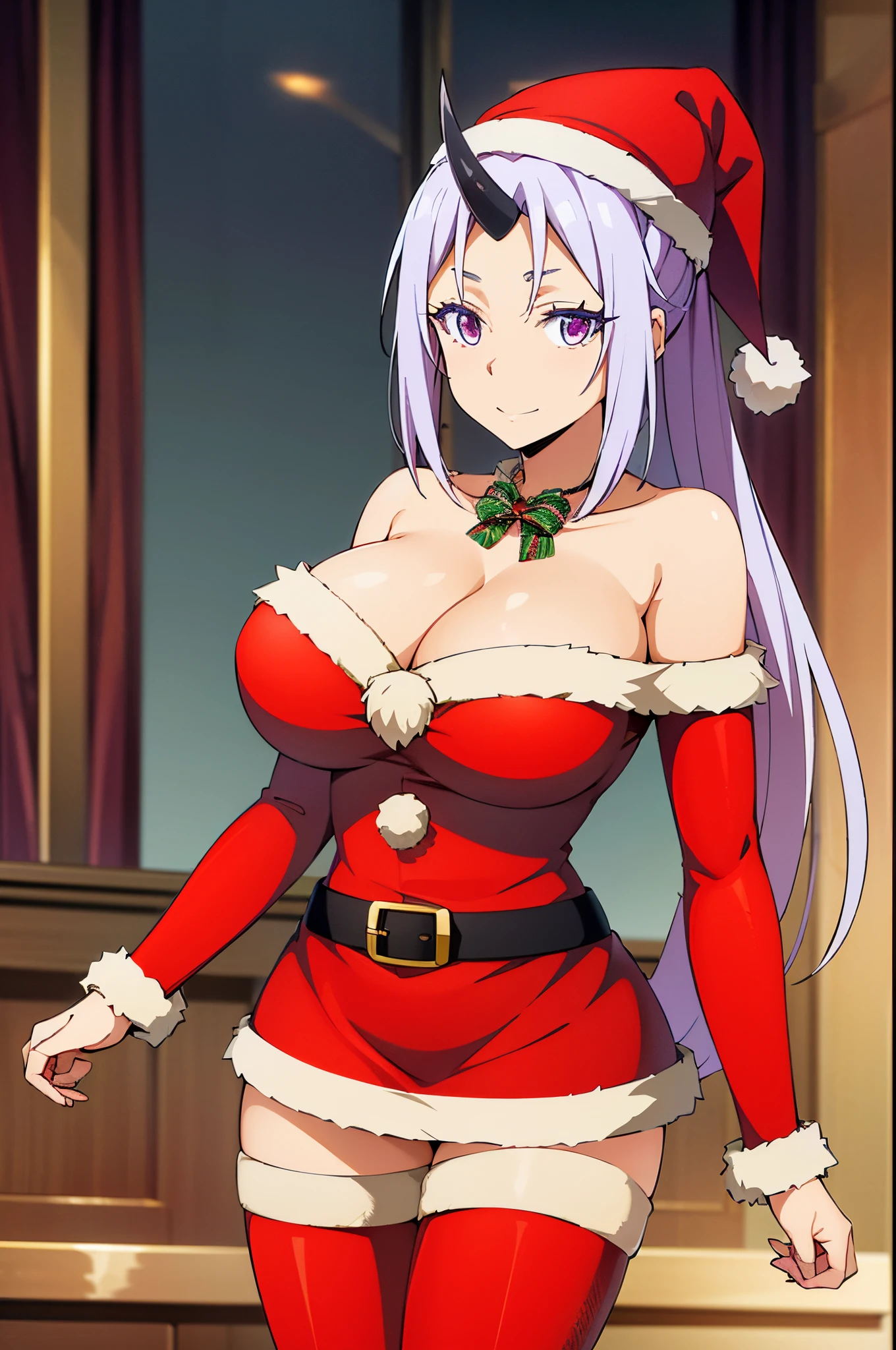 background at room, There&#39;Christmas tree over there, cleavage, pup_Pants, pup, 
(Black_Single_horn:1.1), 
Purple_hair, Purple_Eyes, Bangs,high_Ponytail,
1 girl, 20yr old, infp young woman, Beautiful Finger, Beautiful long legs, Beautiful body, 
Beautiful nose, Beautiful character design, Perfect eyes, Perfect face, Expressive eyes, Perfect balance,
Looking at Viewer, Closed mouth, (Innocent_Big_Eyes:1.0) ,(light_Smile:0.3), 
Official art, Highly detailed CG Unity 8k wallpaper, Perfect Lighting, Colorful, Bright_front_Face_Lighting, White skin, 
(masutepiece:1.0), (best_quality:1.0), 超A high resolution, 4K, Ultra-detailed, 
Photography, 8K, nffsw, hight resolution, absurderes:1.2, Kodak Portra 400, Film grain, Blurry background, Bokeh:1.2, Lens Flare, (Vibrant_Color:1.2),professional photograpy,
(Beautiful,Large_breasts:1.4), (Red Santa Dresses:1.3), (off shoulders:1.1), (Red Santa Hats:1.3), (Have a gift:1.3)