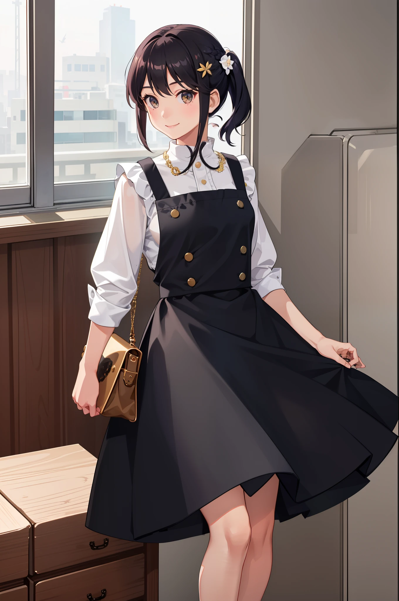 1girl in、A smile、A delightful、skirt by the、(small tits)Chilarism、doress、pinafore,,,,,,、Madevement hair ornament、